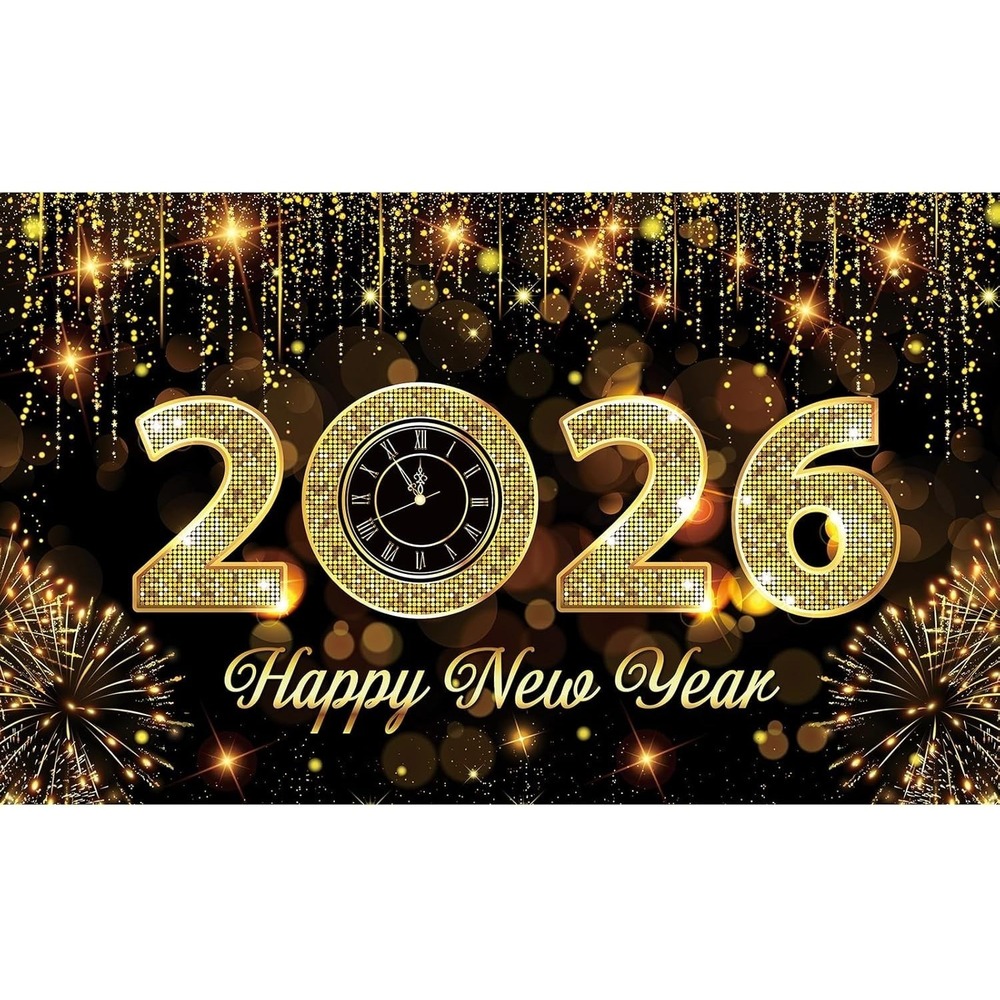 Happy New Year 2026 Banner Backdrop, Golden New Year Eve Large Banner Party Deco
